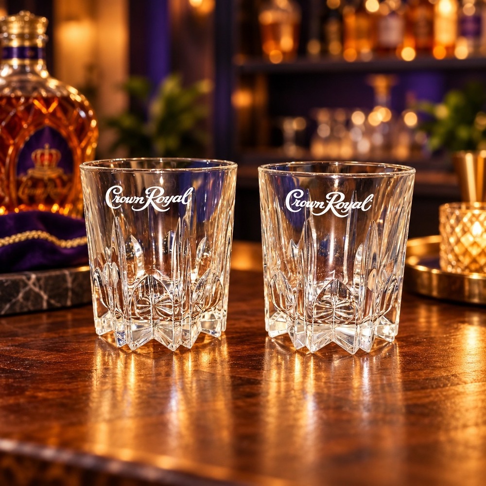 Crown Royal Whiskey Starburst Lowball Rocks Glasses Set Of 2 MCM Barware Vintage